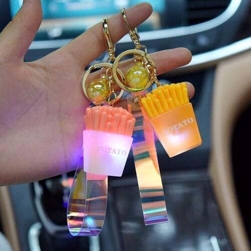 Creative Personality Gourmet Keychain Cute Popcorn Fries with Light Car Key Chain Bag Pendant Small Gift Car Bling Accessories