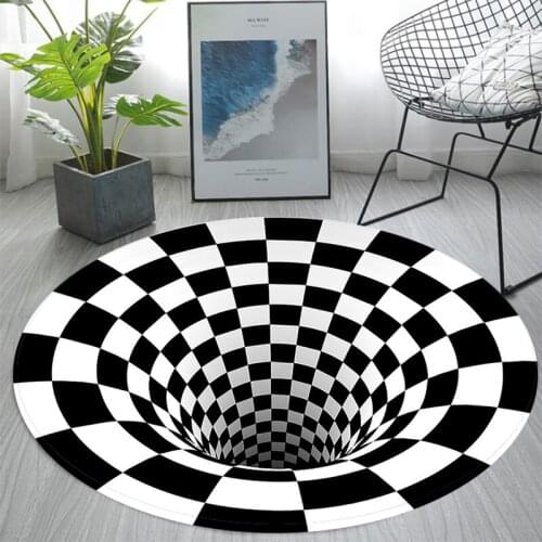 Black White Plaid 3D Round Carpet Stereo Visual Vortex Bottomless Hole Area Rug Non Slip Floor Mat for Home Living Room Decor