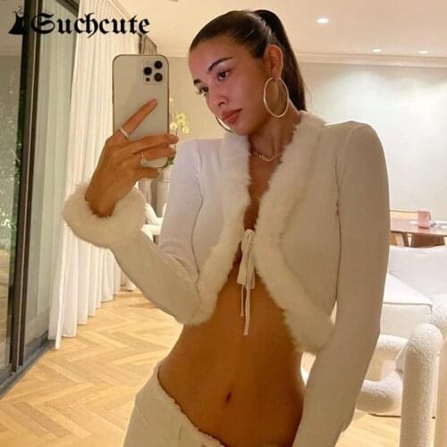 SUCHCUTE Y2K Cardigans Solid Aesthetic Women Cropped Tops Autumn Long Sleeve Sexy Bandage Zip Up Fur Knit Sweaters Streetwear