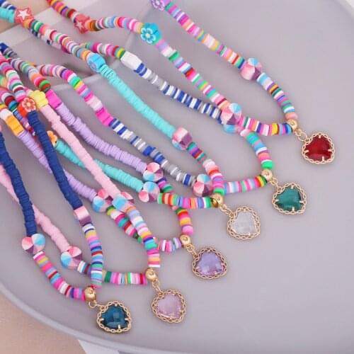 Colorful Necklace Glass Love Heart Pendant Necklaces Statement Rainbow Trend Soft Ceramic Chain Necklaces for Women