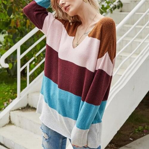 Autumn Winter Sexy V Neck Striped Sweater Women Casual Long Sleeve Knitted Loose Jumpers 2020 Elegant Patchwork Tops Pullovers