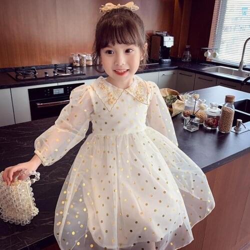 Girls Dress 2021 Summer New Sequined Dot Mesh Ladies Dresses Spring Embroidery Peter Pan Collar Sweet Princess Kids Clothing