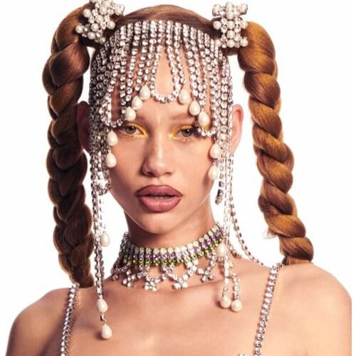 Stonefans Bridal Hairpiece Rhinestone Forehead Long Tassel Hair Chain Pearl Water Drop Wedding Crystal Headdresses for Hair Band