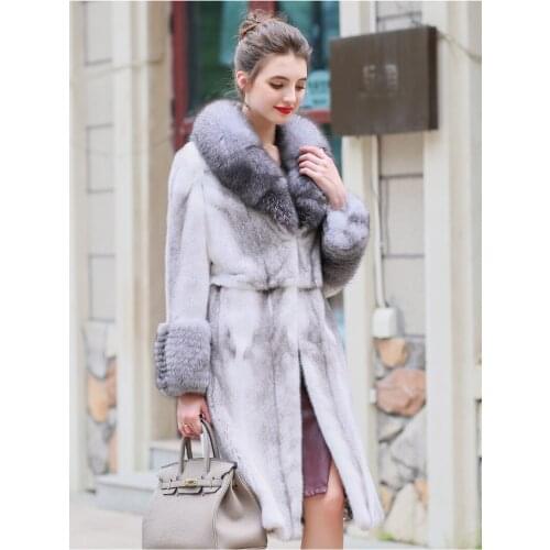 Natural Real Mink Coat Female Fox Fur Collar Luxury Fur Coat Winter Jacket Women Warm Long Jackets Manteau Femme MY4370