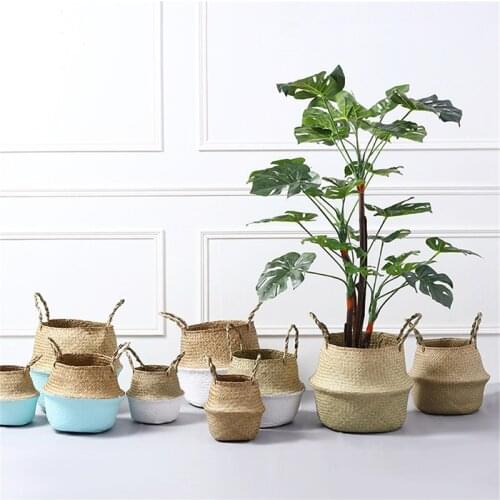 New Foldable Natural Seagrass Woven Storage Pot With Handle Bellied Basket Nordic Style Garden Plant Flower Vase Hanging Basket