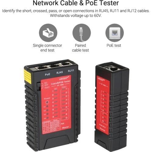 RJ45 RJ11 Network Cable PoE Tester Telephone Line Tester Lan Ethernet Cable Tester for Cat5/5e/6/6a Cat3(6P2C/6P4C/6P6C)