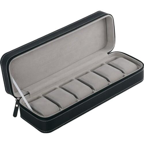 Exquisite Stitch Lined PU Leather 6 Grids Zipper Watch Storage Box Showcase