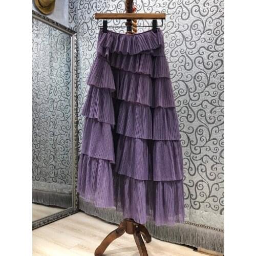 100%Cotton Skirts 2021 Summer Fashion Style Women Cascading Ruffle Deco Sexy Asymmetrical Long Maxi Skirt White Pink Purple