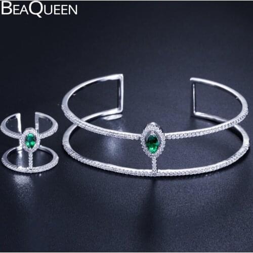 BeaQueen Double Round Shape Jewelry Sets Green Marquise Micro Pave Cubic Zirconia Cuff Finger Ring Bangle Set for Women JS189