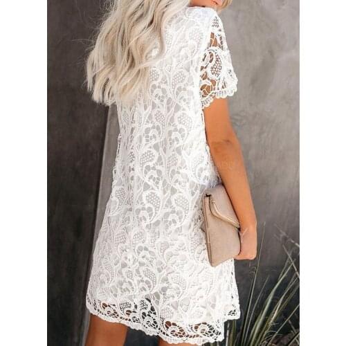 Women Robe Femme Summer Solid Color A-Line Dresses Lace O-Neck Short Sleeve Slim Dress For Womens Clothing 2021 Casual Vestido