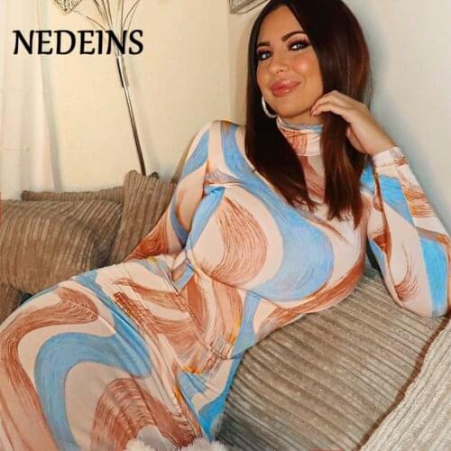NEDEINS 2020 Print Women Split Dress Long Sleeve Sexy Tight Turtleneck Party Club Sexy Fashion Elegant Dress Plus Size