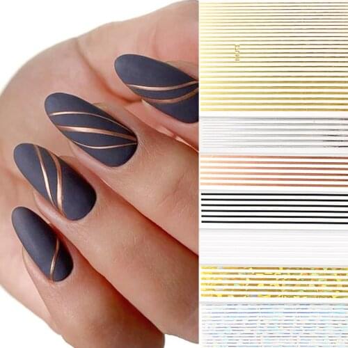 1pc Nail Strip Stickers Black/Gold/Rose Gold/Silver Metal Strip Tape Nail Art Adhesive DIY Foil Tips Nail Sticker Decals