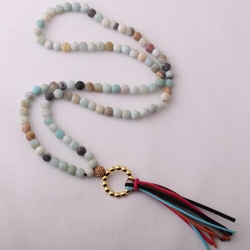 Free Shipping Fashion Amazonite Stones Bohemian Tribal Jewelry Circle Long Tassel Necklace