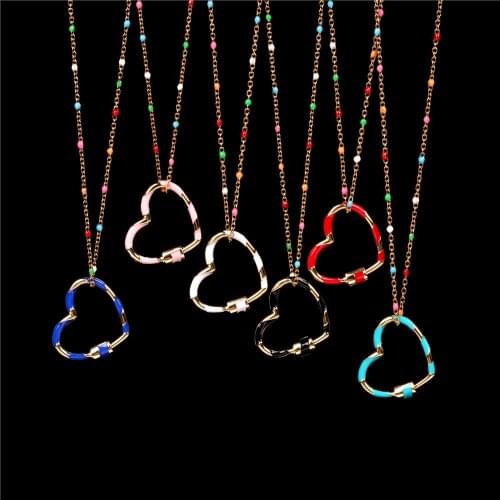 EYIKA Multi Color Enamel Heart Keychain Removable Design Pendant Necklace Boho Style Women Statement Jewelry Gifts for Lovers