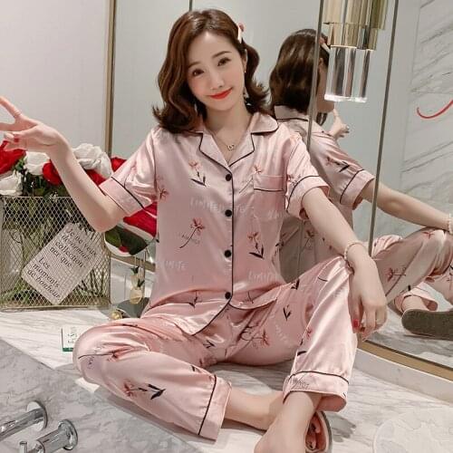 Short-Sleeved Trousers Pijama Flower Spring Autumn Pajamas Women Sleepwear Sexy Summer Faxu Silk Leisure Pajamas Women nightwear