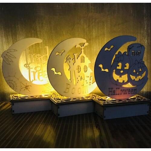 Halloween Wooden DIY Ornaments with Night Light Halloween Moon Shaped LED Ornament Decorative Party Holiday Decorations Supplies