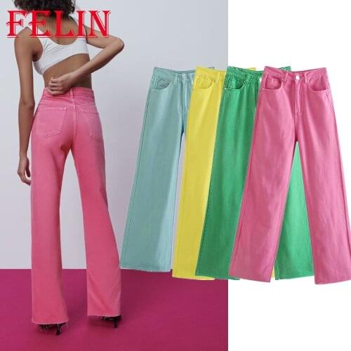 FELIN Za 2021 Fashion Summer Chic Pink and Green Women Jeans High Waist Zipper Wide Leg Denim Pants High Street Trousers Mujer