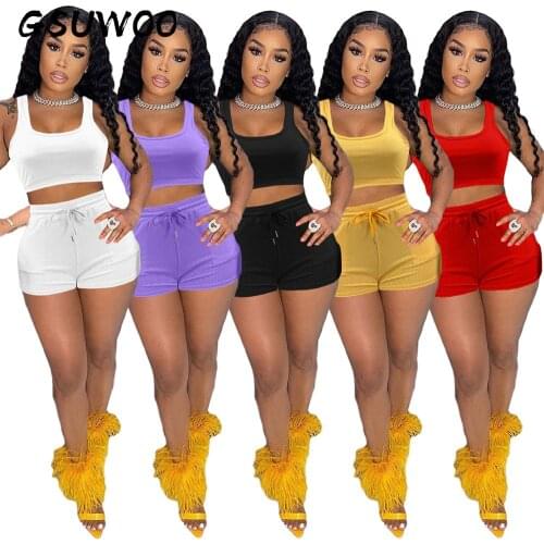 GSUWOO Summer Womens Sleeveless Shorts Two-Piece Knit Sets Tank Top Drawstring Shorts Outfits Suit Female Casual Clothing