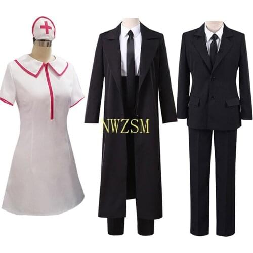 Anime Comic Chainsaw Man Costumes Makima Cosplay Nurse Uniform Dress Black Suit Trench Coats Halloween Costume Unisex Full Set