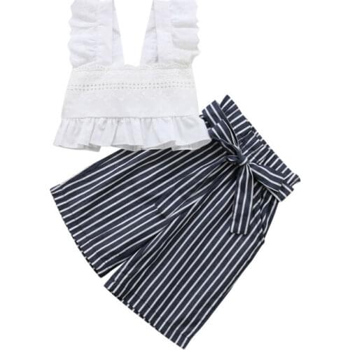 Summer Fashion Lace Toddler Kids Baby Girl Clothes Set Stripe Vest Crop Tops Wide Leg Pants Outfits