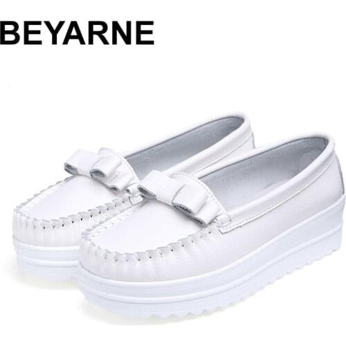 BEYARNE Flat platform bow tie women autumn loafers lace-up tassels genuine leather casual moccasins comfortable shoes woman