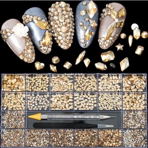 21Grids/BOX Mix Sizes Multi-shaped Champagne Flatback Glitter Diamond Jewel Nail Art Rhinestones Manicure Picker Wax Pens Set