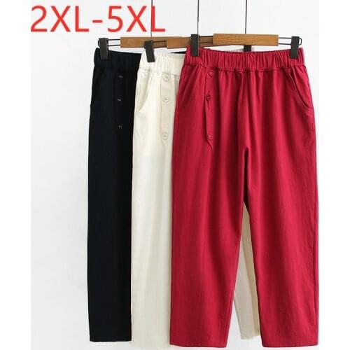 New 2021 Ladies Summer Plus Size Cropped Pants For Women Large Loose Casual Cotton Red Beige Straight Trousers 2XL 3XL 4XL 5XL