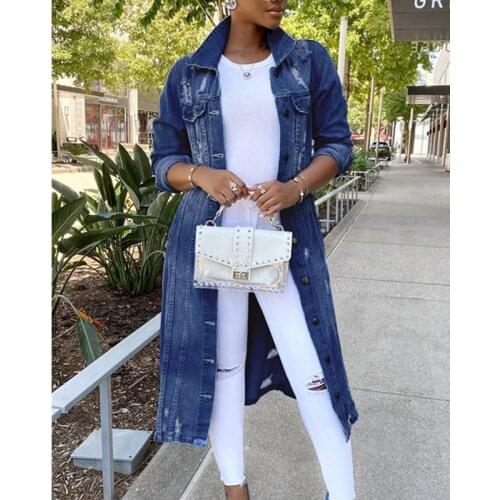 Autumn Women Sexy Ripped Denim Jackets 2021 Vintage Casual Long Jean Jacket Winter Female Long Sleeve Coat Streetwear Plus Size