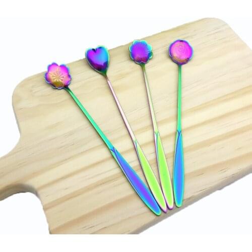 Overlong Flower Icespoon Stainless Steel Colorful Cocktail Stirring Spoon Tableware Ice Coffee Beverage Drinks Mixing Spoon 4pcs