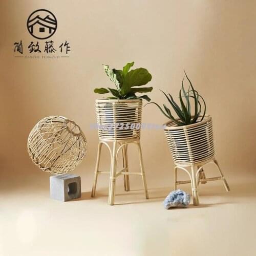 Nordic rattan flower stand ins living room homestay floor rack simple tall big pot green radish plant stand