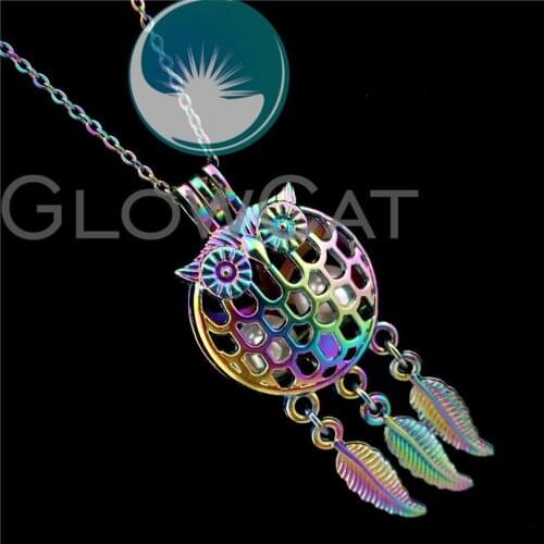 R-C707 Rainbow Color Lucky Bird Dreamcatcher Beads Cage Pendant Perfume Diffuser Aromatherapy Pearl Cage Locket Necklace