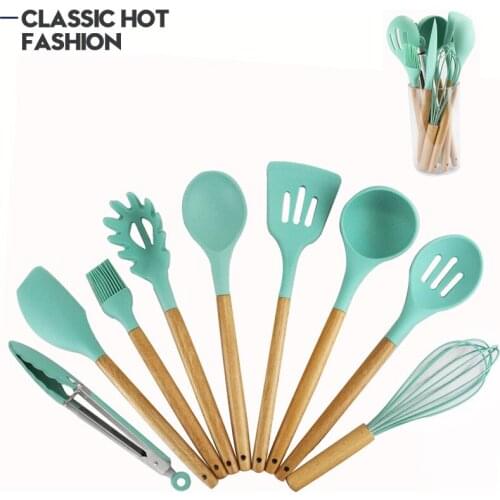 Silicone Cooking Utensils Kitchen Utensil Set 9 Pieces Acacia Wooden Cooking Tool for Nonstick Cookware - Best Kitchen Gadgets