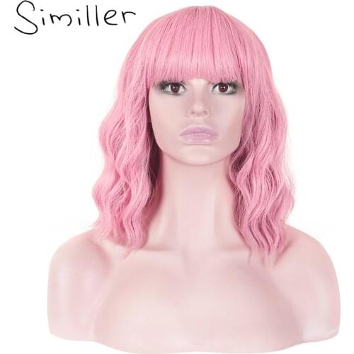 Similler Synthetic Wigs for Women Short Curly Hair Pink Cosplay Daily Use Wig with Bangs Hheat Resistance Fiber