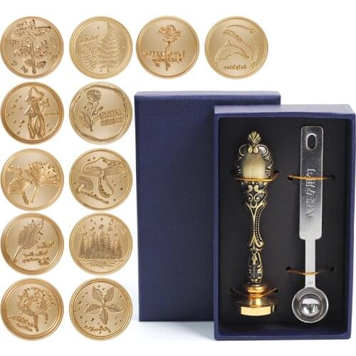 Vintage Metal Natural Tree Plant Wax Seal Gift Box Copper Stamp Metal Handle Spoon Scrapbookin DIY Gift Ancient Seal Stamp Set