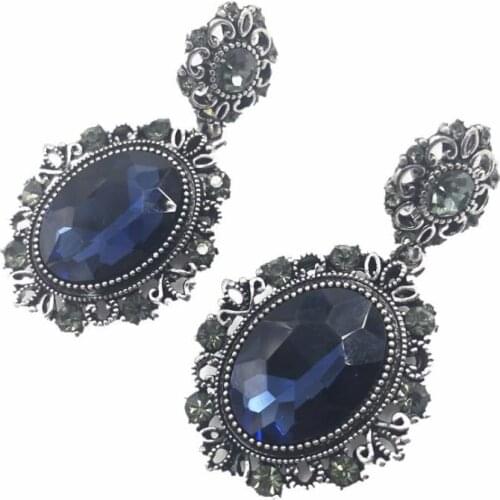YaYi Jewelry Fashion Bohemia Blue Glass Crystal Rhinestone Dangle Women Ancient Gold Color Wear Ear Band Long Tassel Earrings