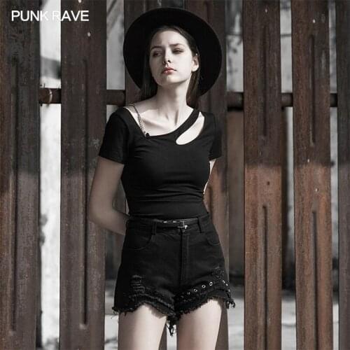 PUNK RAVE Womens Gothic Daily Sexy Detachable Chain Knit T-shirt Slanted Shoulder Collar Slim Short Sleeve Novelty Top