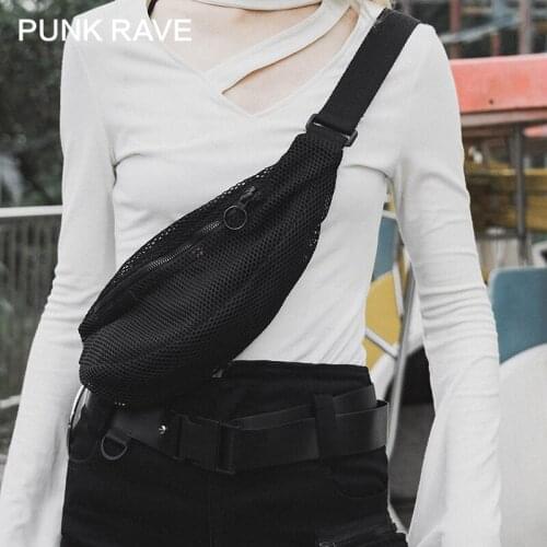 PUNK RAVE Girls Street Hipster Fashion Small Backpack Tide Crossbody Bag Black Mesh Small Belt Bag Women Accessories