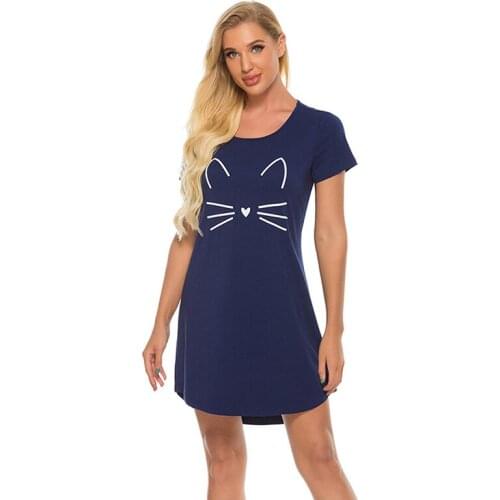 Ladies Solid Color Cute Cotton Short-Sleeved Nightgown Casual Plus Size Cartoon Nightdress