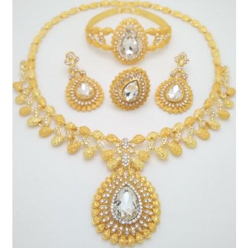 Kingdom Ma Dubai Gold Color Jewelry Set Gifts For Women African Bridal Wedding White Crystal Necklace Bracelet Earrings Ring Set