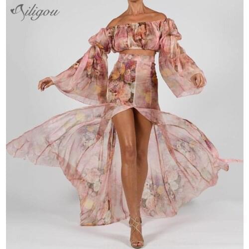 Ailigou Summer Sexy Print Two-Piece WomenS Off-Shoulder Long Lantern Sleeve Crop Top High Open Long Skirt Fashion Party Suit