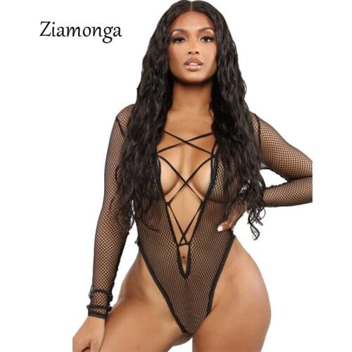 Ziamonga Black Fishnet Mesh Sheer Bodysuit For Women Hollow Out Sexy Body Jumpsuits Fashion One Piece Bralette Teddy 2019 Tops