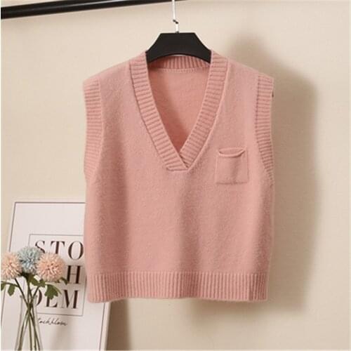 2021 Spring Autumn Vintage Knitted Vest Solid Loose Pullover Sweater Vest Korean Womens V Neck Sleeveless Sweater With Pocket