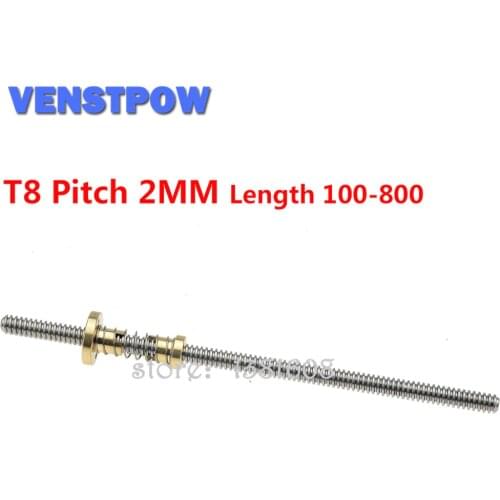 1SET Length 100 to 800 Pitch 2MM Lead 2MM T8 Guide with Anti-backlash Spring loaded Nut for CNC 3D Printer