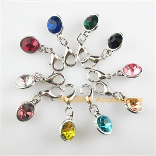 10 New Cone 9x13mm Charms Mixed Round Crystal Tibetan Silver Plated Retro With Lobster Claw Clasps