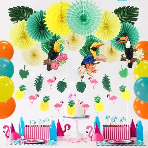 19pcs Summer Party Decorations Set Hanging Flamingo Garland Latex Balloons Paper Fans Flamingo Theme Birthday Party Supplies