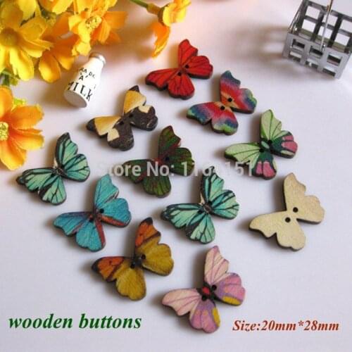 50Pcs Random Mixed Cartoons Butterfly Pattern 2 Holes Wood Buttons Painting Sewing Buttons 20*28mm Scrapbooking