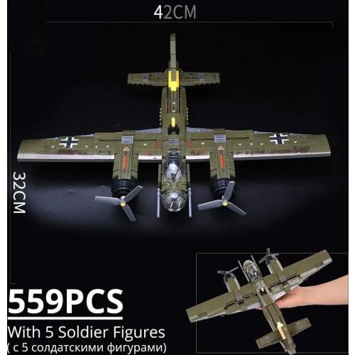 559pcs Military Ju-88 Bombing Plane Building Block WW2 Helicopter Army Weapon Soldier Model Bricks Kit Toy for Children Gift