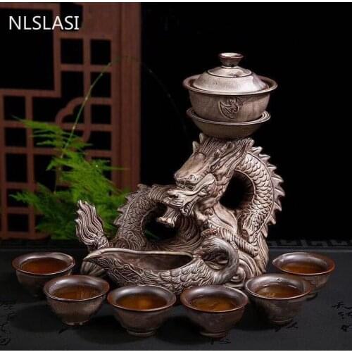 9 pcs / set Ceramics Lazy Man Tea Set Portable stone grinding semi-automatic porcelain Dragon teaware Tea ceremony supplies