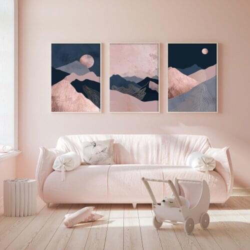 Abstract Landscape Canvas Painting Wall Art Printed Bohemia Blue-Pink Tone Mountain-Sunrise Picture for Living Room Home Decor