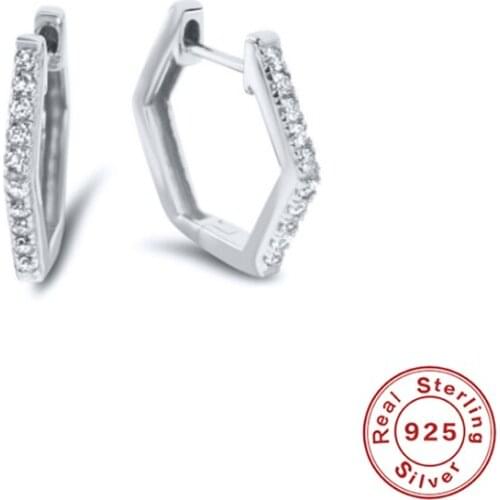 GS 925 Sterling Silver Gold Minimalist Diamond Hexagon Hoop Earrings For Women Cubic Zirconia Jeweled Geometric Huggie Earring